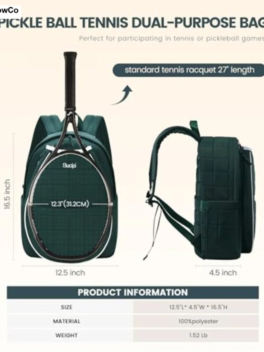 Quilted Tennis Backpack for Women, Pickleball Racket Bag with Separate